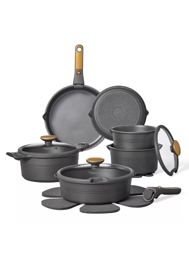 Carote 24-Piece Nonstick Cookware Set with Detachable Handle, Stackable Pots & Pans, PFOA-Free Aluminum Healthy Cooking Set with Pour Spouts, All Kitchen Stovetop Compatible, Dishwasher Safe (Black) - Image 1